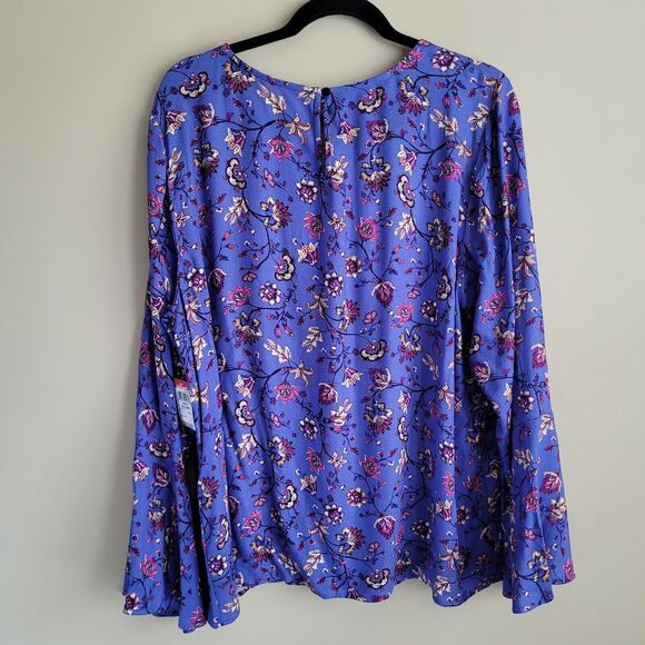 Basic Editions Womens Blouse Size XXL Bluish Purple Floral Pattern Bell Sleeves - Picture 9 of 11
